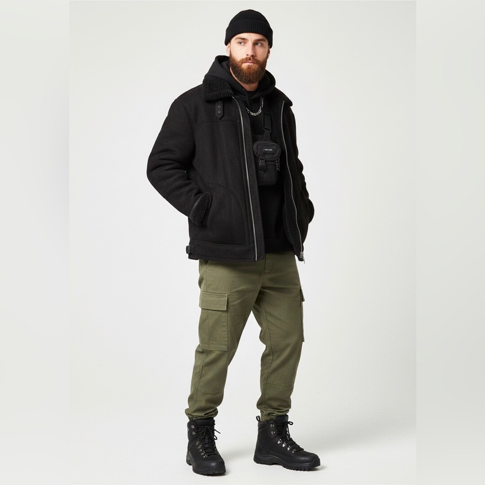 Streetwear Aviator Jacket Black Sherpa Lined Vintage Bomber